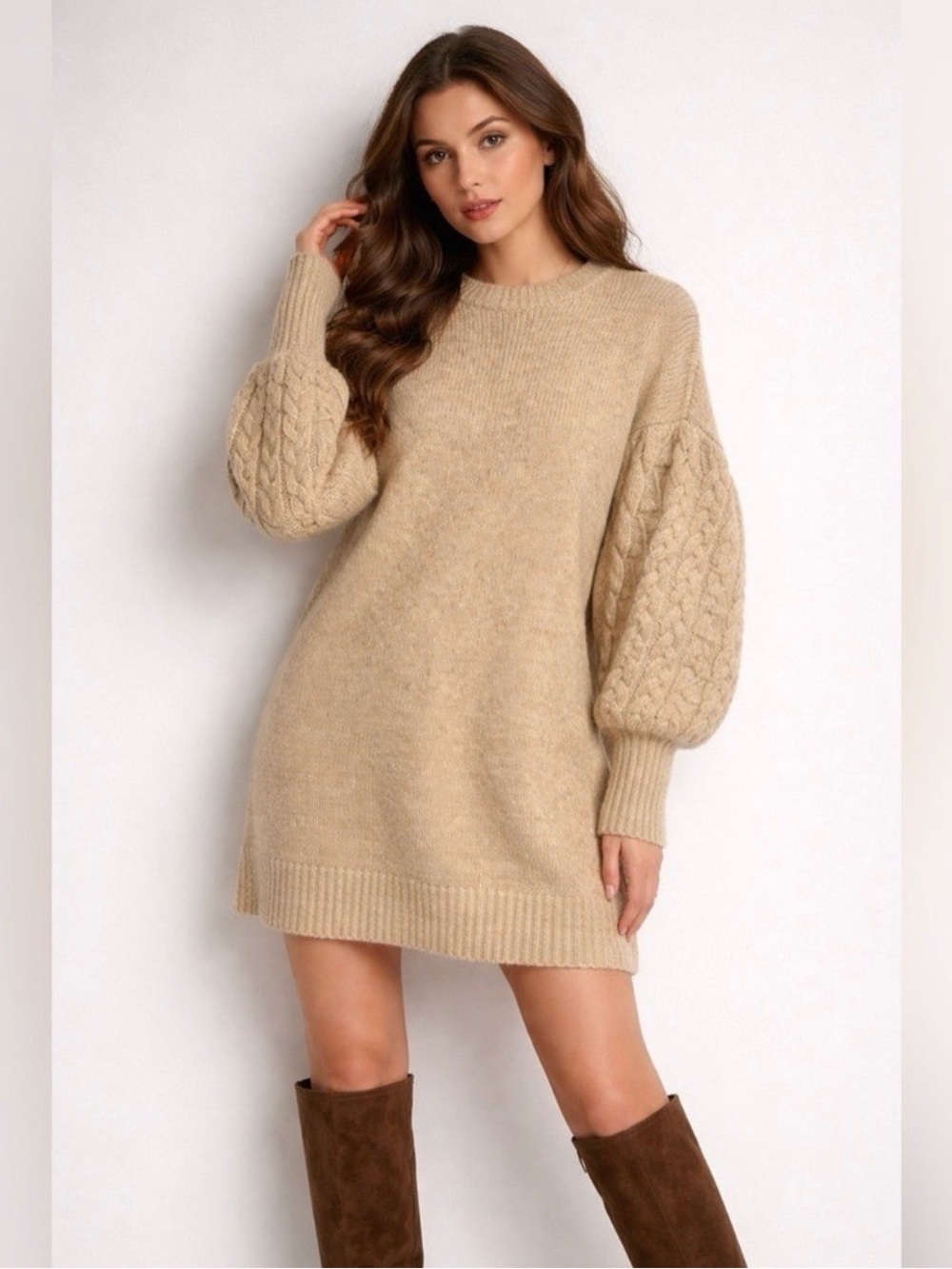 A New Day Cable Knit Sweater Dress Soft Girl Cozy Chic Neutral XS NWOT
